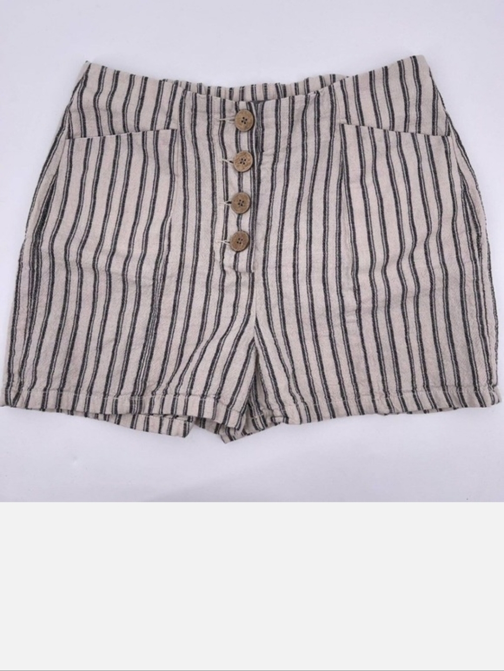 Cotton / Linen Blend High Rise Button Front Stripe Shorts, Size 0